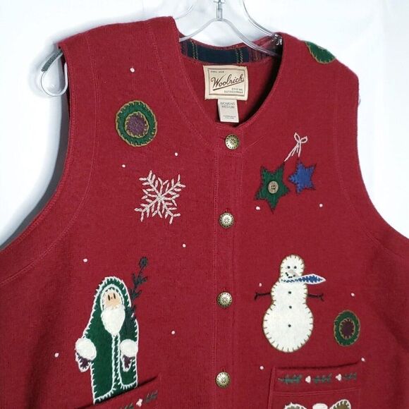 Woolrich Womens Sweater Vest M Red Christmas Country Folk Art Santa Snowman - Picture 2 of 6